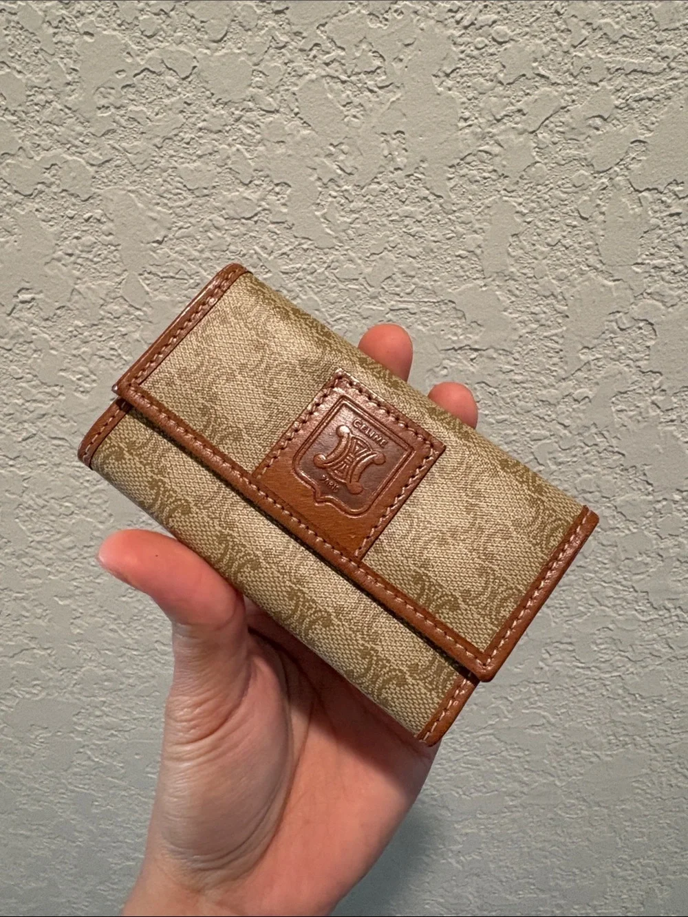 Celine Beige Canvas & Brown Leather Logo Key & Card Holder